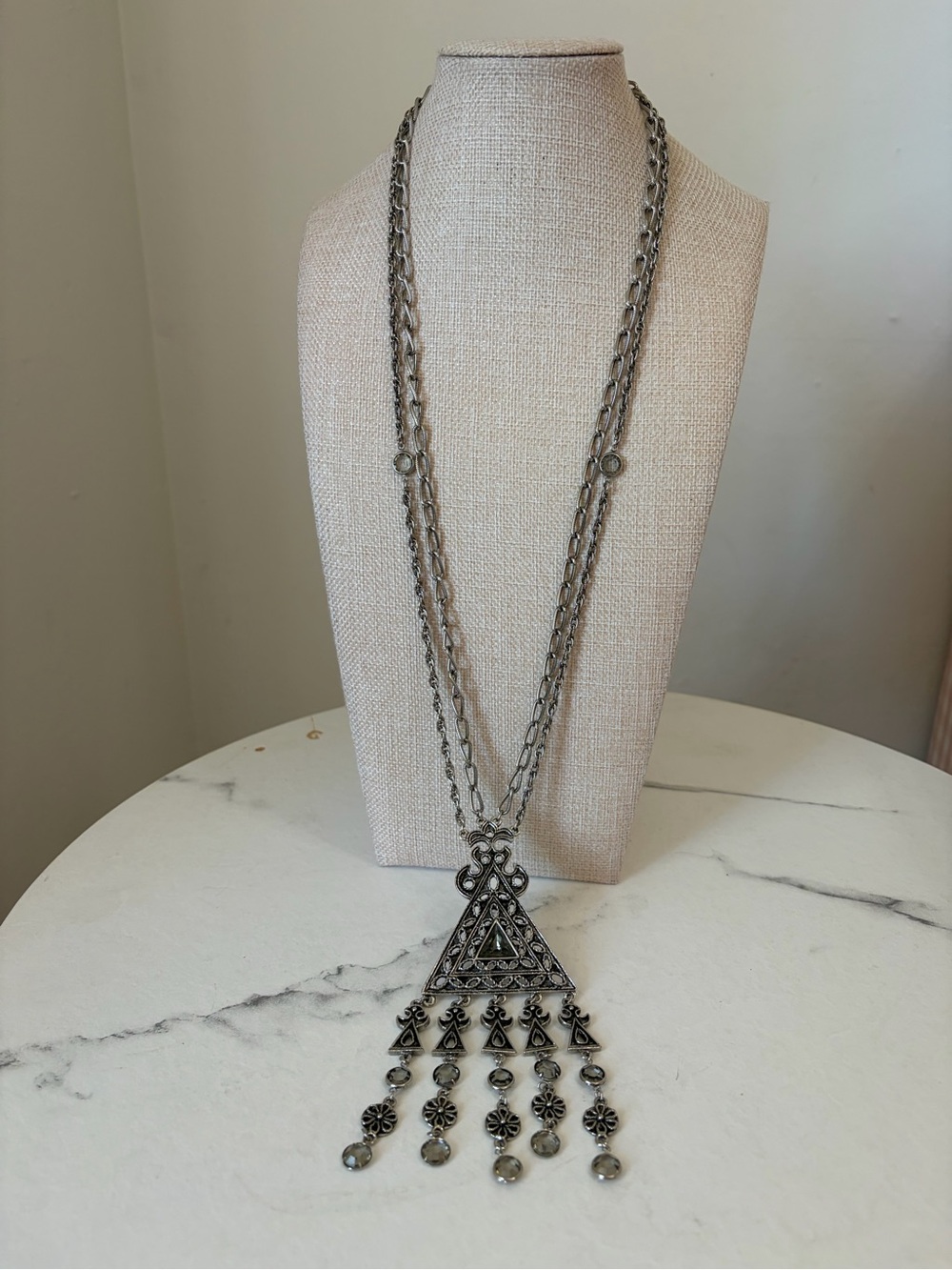 Vintage Silver Tone Necklace with Large Triangle Pendant